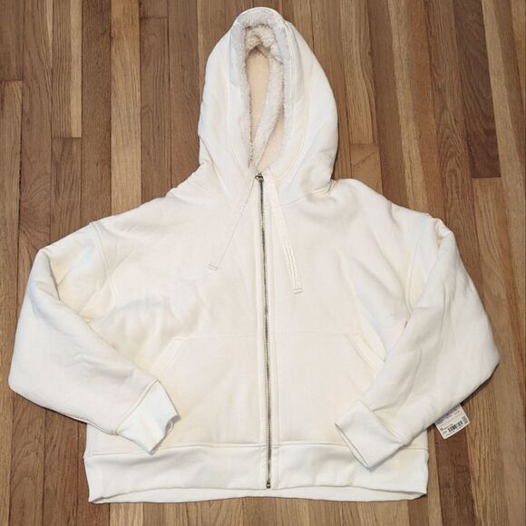 Athleta White Cream Cozy Sherpa reversible Jacket Hoodie Sweatshirt NWT - Picture 3 of 7